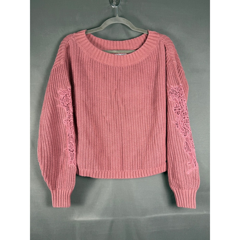 Hollister Sweater Womens XS Pink Crochet Lace Sleeve Chunky Knit Pullover